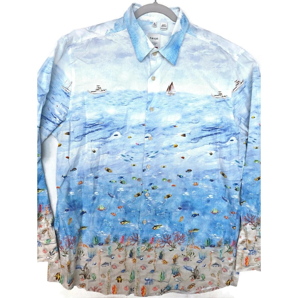 Haupt‎ Dress Shirt Mens XL 17.5 Blue Sea Fish Print Regular Fit Long Sleeve